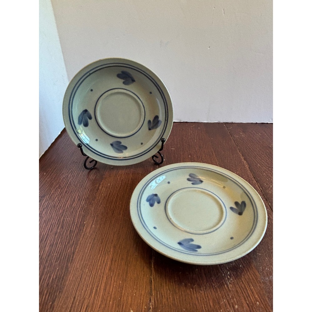 Iron Mountain Stoneware Marthas Flowers Saucers Set 2 Blue Floral 1988 Vintage